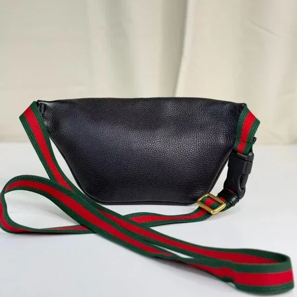 Gucci Black Leather Printed Bum Bag with Green & Red Stripes and Gold Hardware - Picture 2 of 8